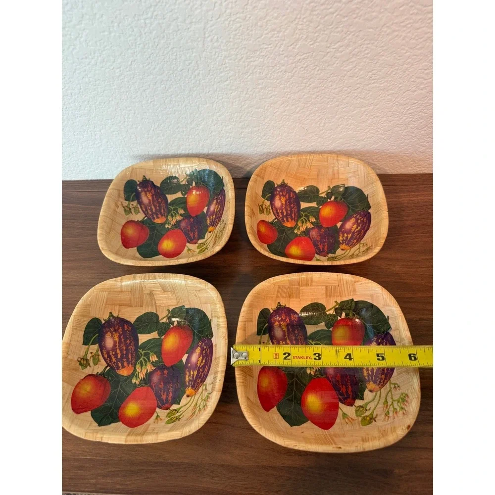 Vintage Set of 4 Bamboo Woven Handpainted Vegetable Bowls 6